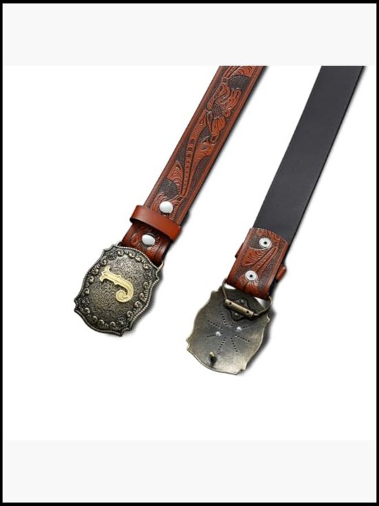 Western Leather Buckle Belt for Men Women Floral Engraved  Men\'s Western Cowboy Belt with Longhorn Bull Buckle, Premium Cowhide Leather